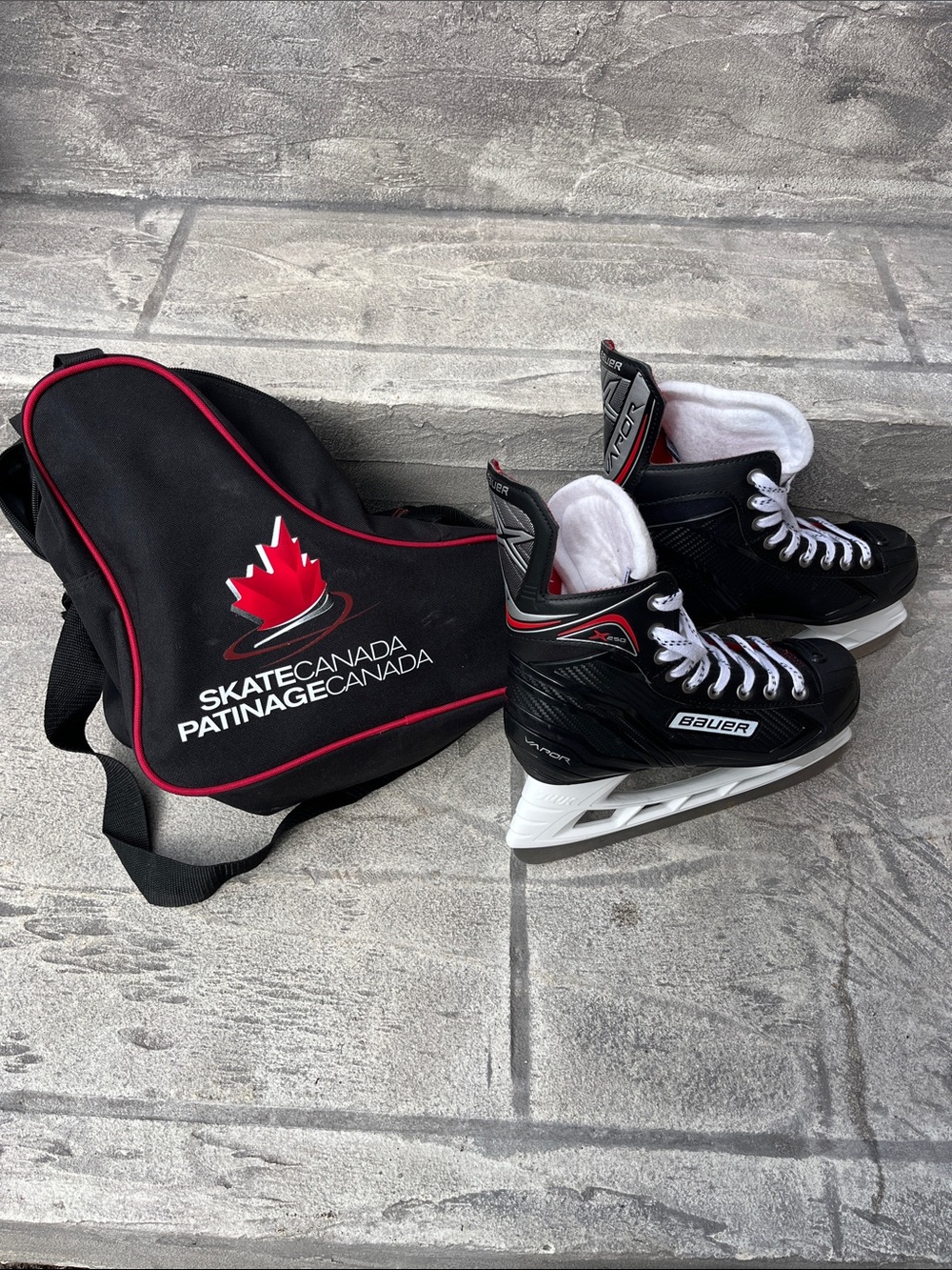 Bauer Black and Red Ice Skates (Skate Canada) + Duffel Bag
